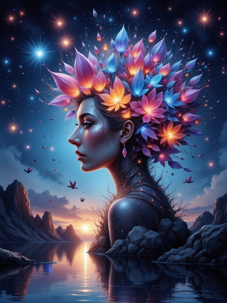 Android Goddess of Whirling Stars in Vibrant Watercolor