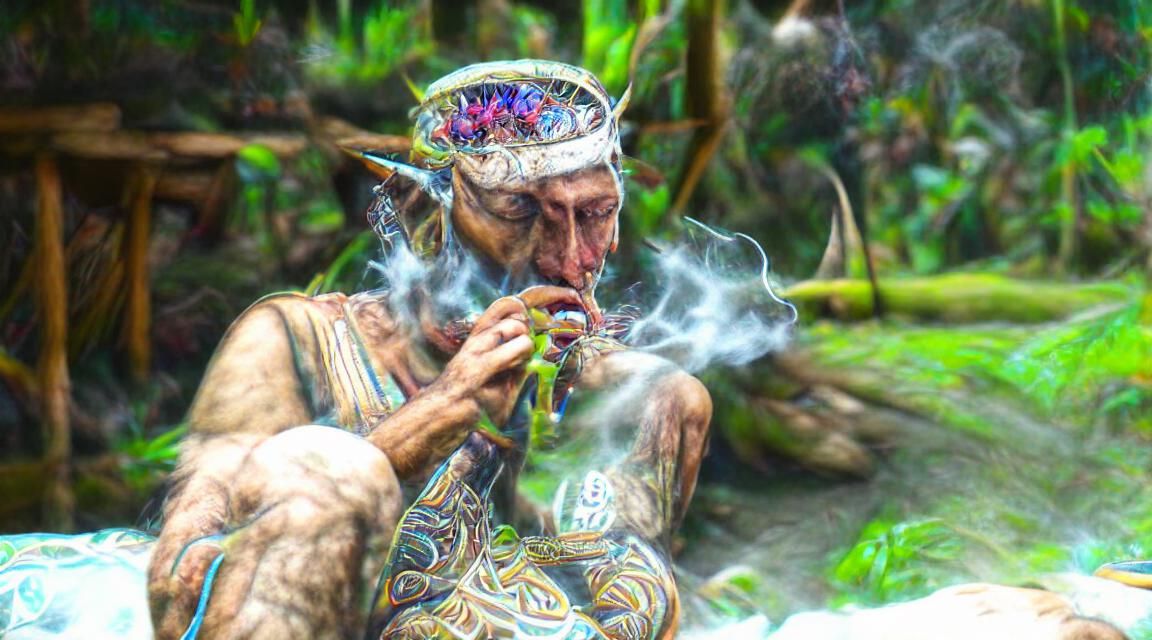 SHAMAN SMOKING AYAHUASCA VISIONS PHOTOREALISTIC 8K