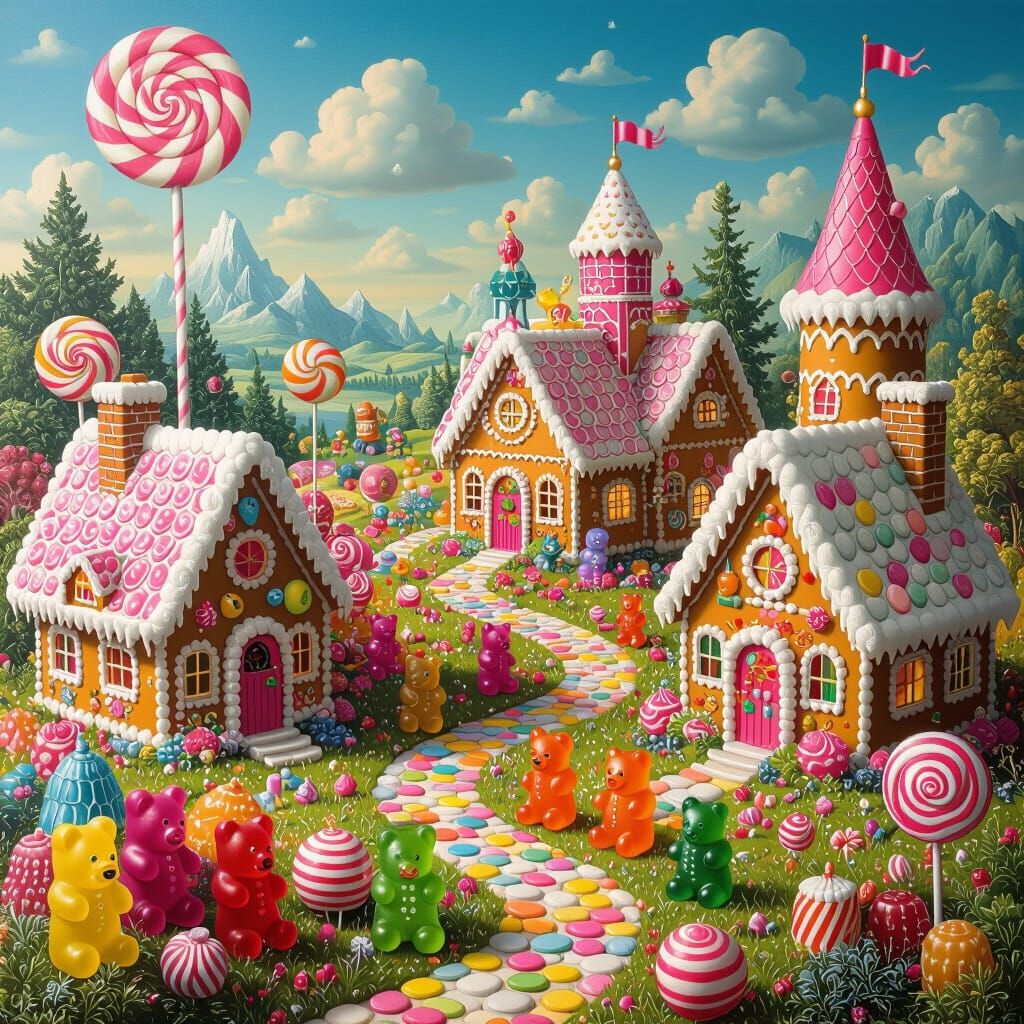 a landscape made of brightly coloured sweets and candies and people as painted by Hieronymus Bosch  by @kevin