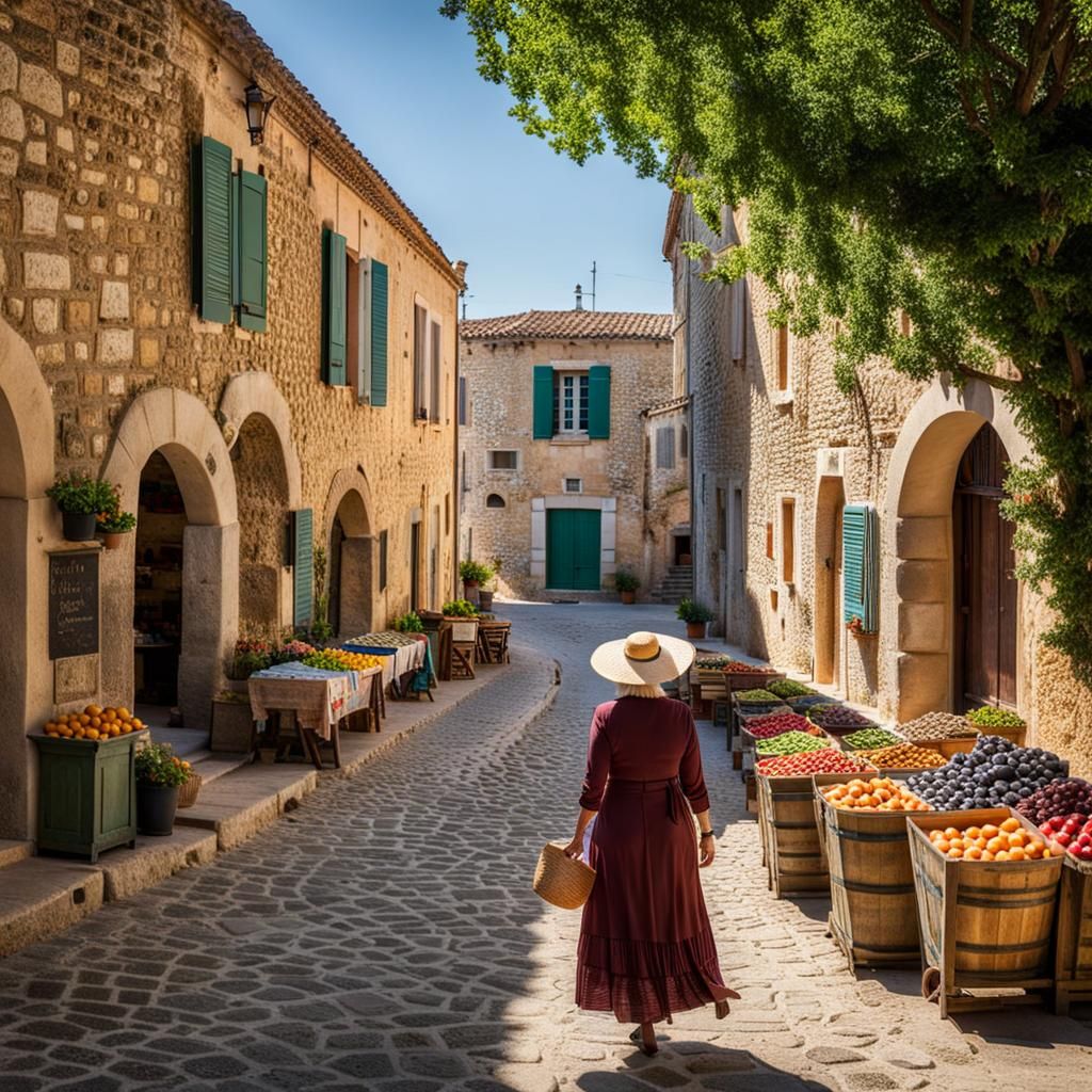 A woman strolling on the market square of a village of Prove...