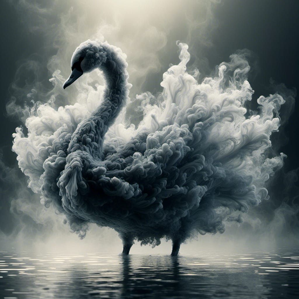 <lora:HRH-smoke-v2:1.0> hyper detailed three dimensional swan made entirely from luminous star filled smoke swimming on a smokey lake