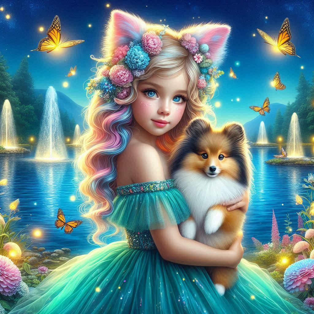Cute little cat girl with her sheltie puppy