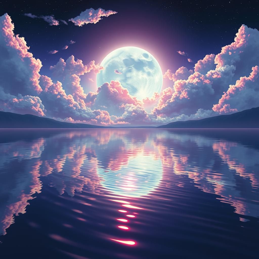 Rainbow Moon Reflection: Ethereal Anime Lake Scene