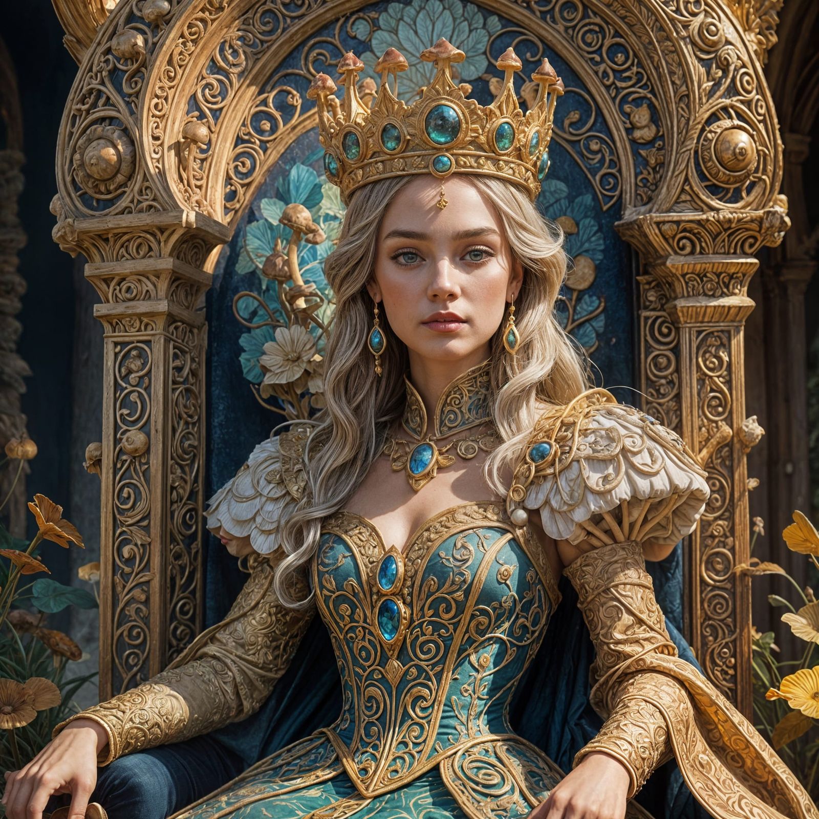 Regal Woman in Whimsical Mushroom Crown