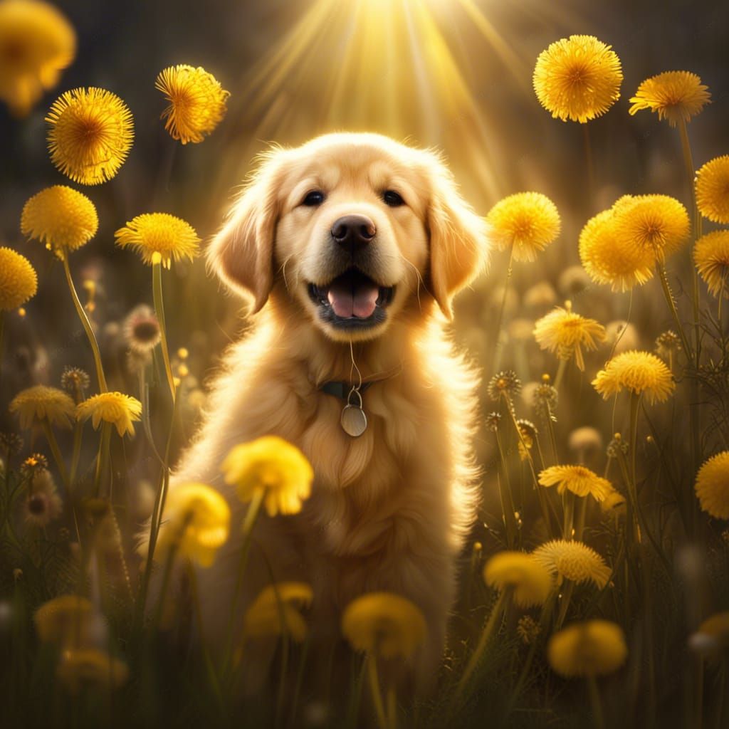 A very cute golden retriver puppy surrounded by dandelions a...