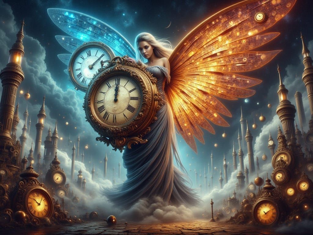 <lora:FiosTimeWarp:1.0>  fantasy art creation: a retro-futuristic Modern day Time Fairy holding an ornate clock, with wings made of flowing...
