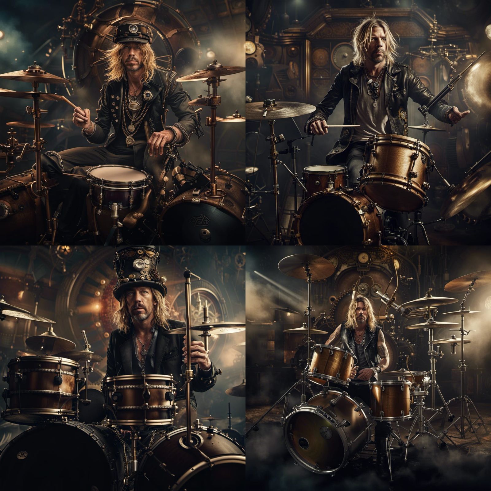 steampunk taylor hawkins Foo Fighters drummer playing a steam punk drum kit AI Generated