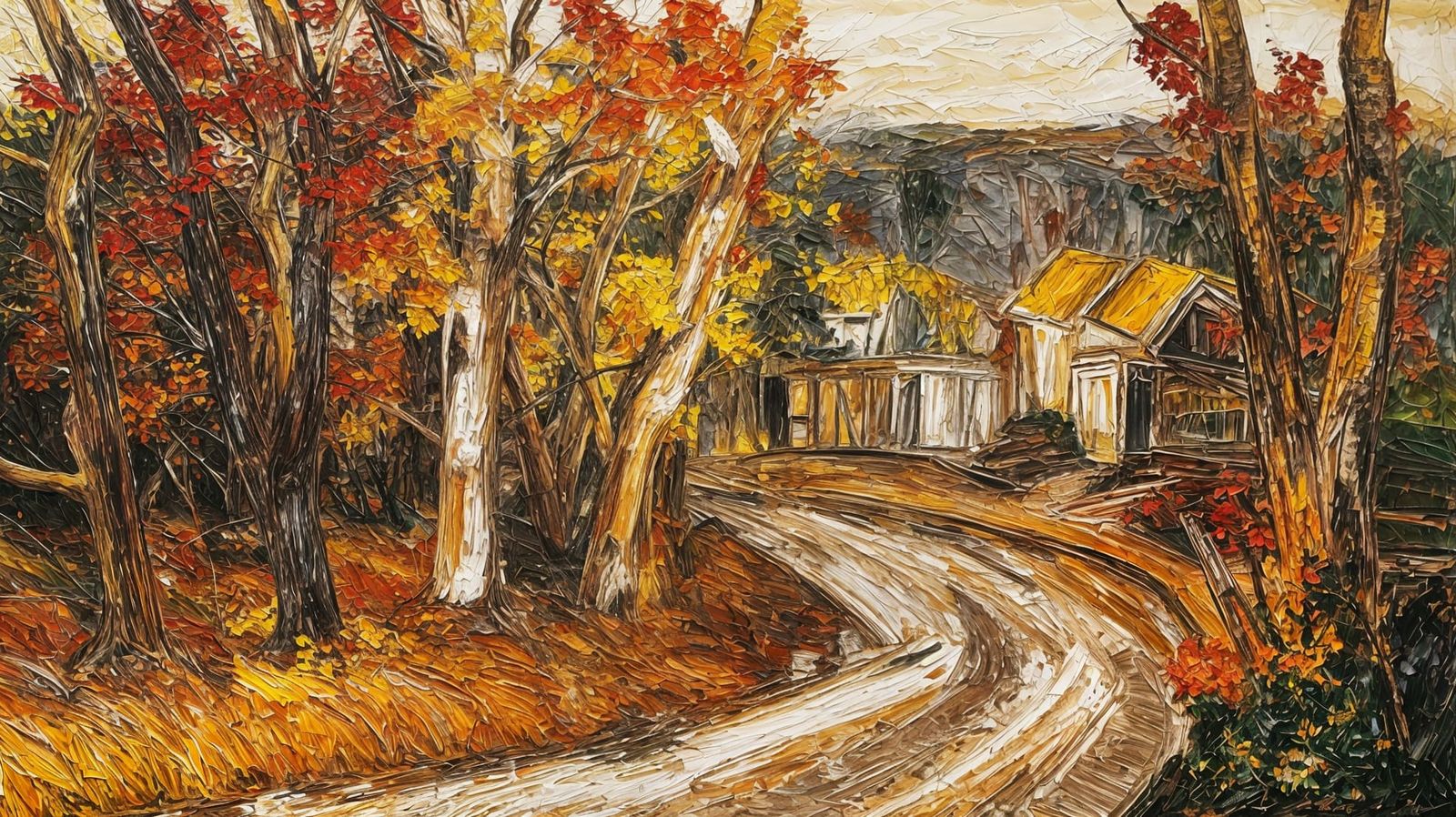 Oil painting of a forest in autumn