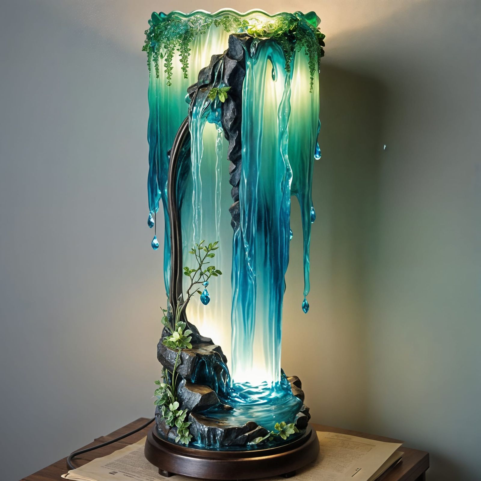 A beautiful waterfall lamp. The water is made from delicate glass of blues and greens. The light glistens ...  by @Yourf_______nightmare