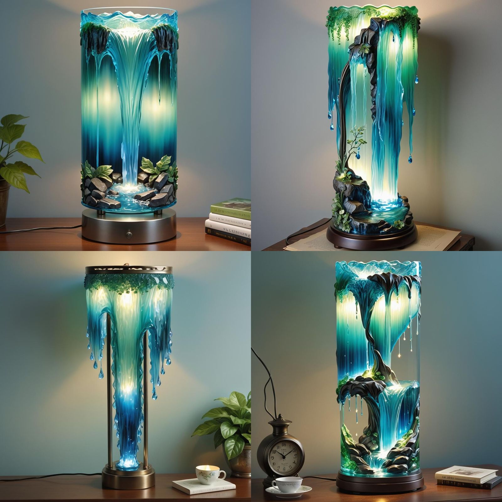 A beautiful waterfall lamp. The water is made from delicate glass of blues and greens. The light glistens from this lamp...