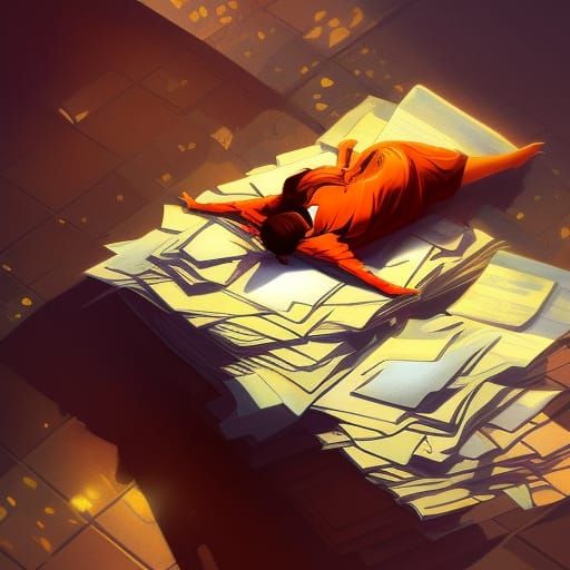 person laying on a pile of mail