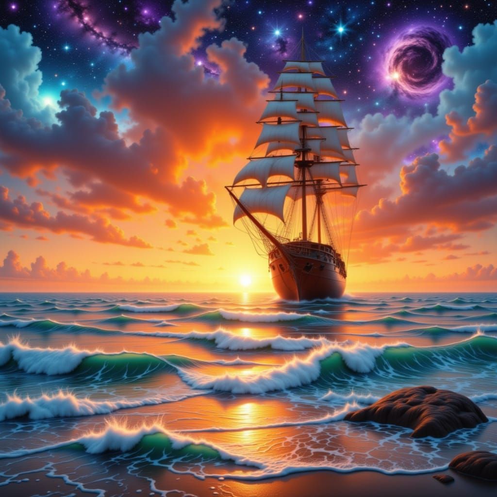 <lora:Boats and Ships:1.0>A surreal airbrushed landscape of a ocean beach sunset double exposure ship airbrushed orange ocean sunset galaxy....