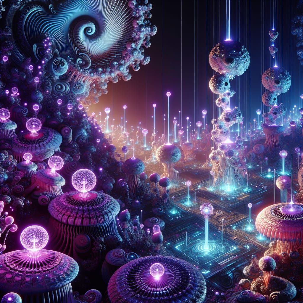 alien mushrooms ant plants, ultraviolet, holograms, spirals,...
