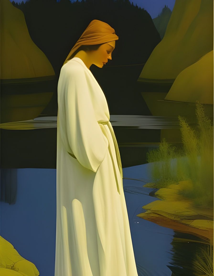 woman, robed in blue waters, river, Jean Giraud, N.C. Wyeth,...
