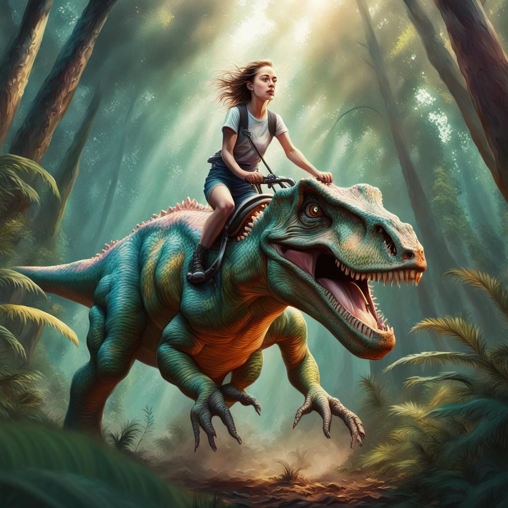 young miss riding a dinosaur in a forest