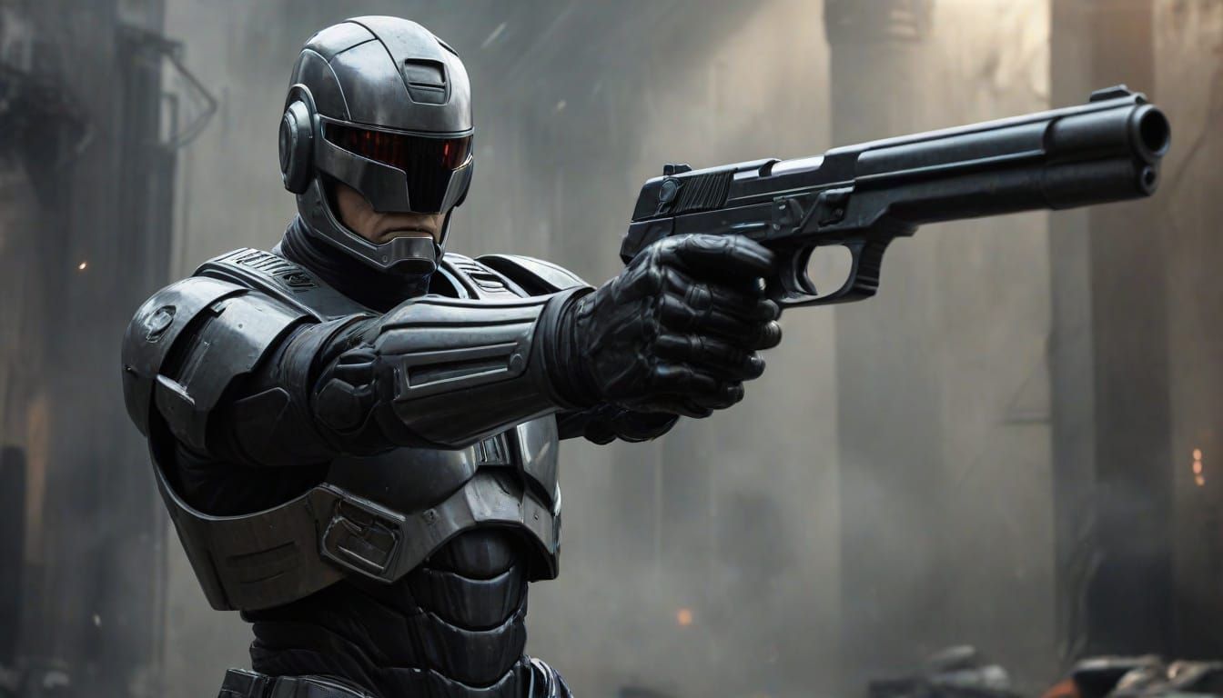 EPIC OIL PAINTING, SPECIAL FX. ROBOCOP AIMING HIS LONG BLACK HANDGUN AT A GOON