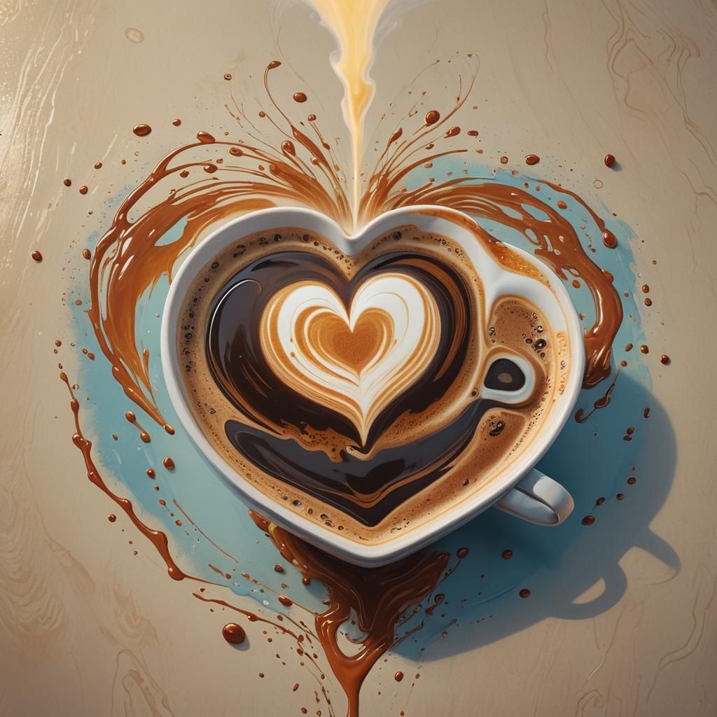 Heart Floating in Coffee: Matte Painting in Vibrant Style