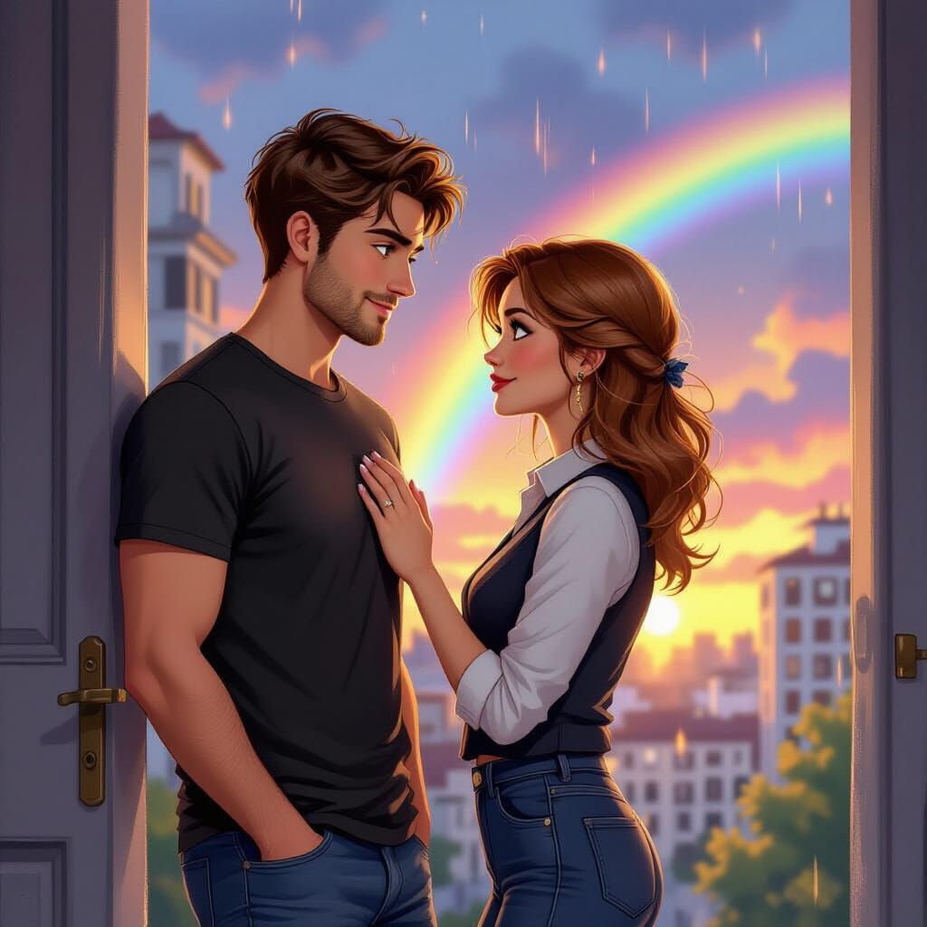 Romantic City Sunset Kiss Charcoal Drawing