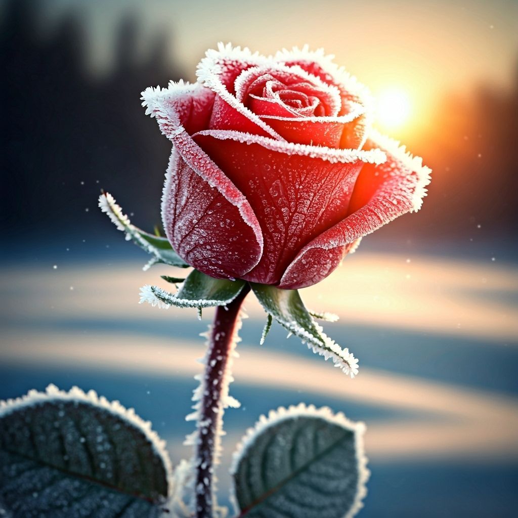 A rose, frosted over by mid-night crystals, stands tall in a sea of white. the red petals stand out, ...  by @pig-and-sheep