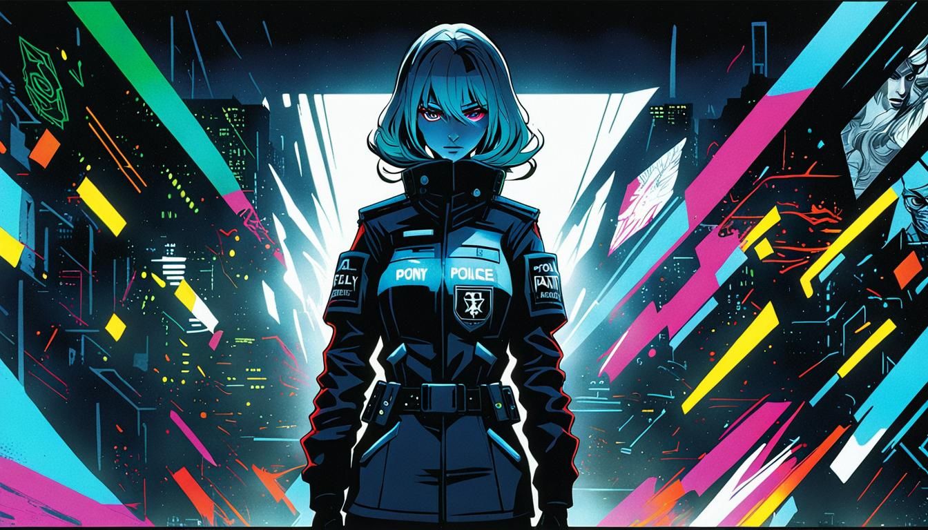 Cyberpunk platinum long  hair girl police uniform