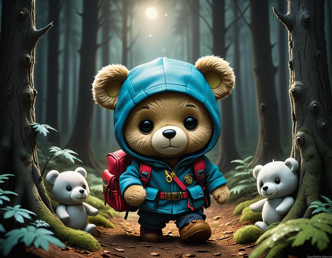 Teddy Bear Backpacker in a Haunted Forest