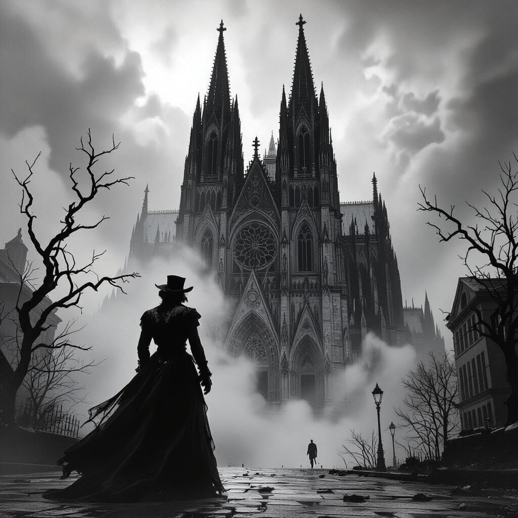 A spectral figure stands before a colossal, gothic cathedral, its spires piercing the stormy sky, with twisted branches reaching like skelet...
