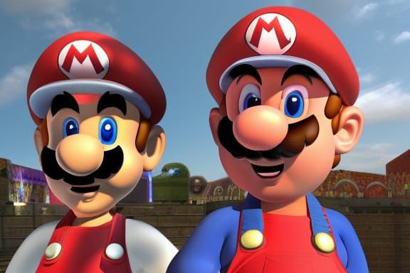 Mario and Luigi, Italian plumbers, red overalls, goofy hat, full ...