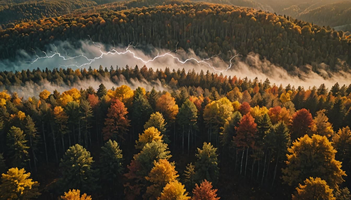 Realistic 4k photo of a beautiful Lightning strikes in the sky over a Coloful Fall Forrest from a FPV viewof a Drone the strike narrowly mis...