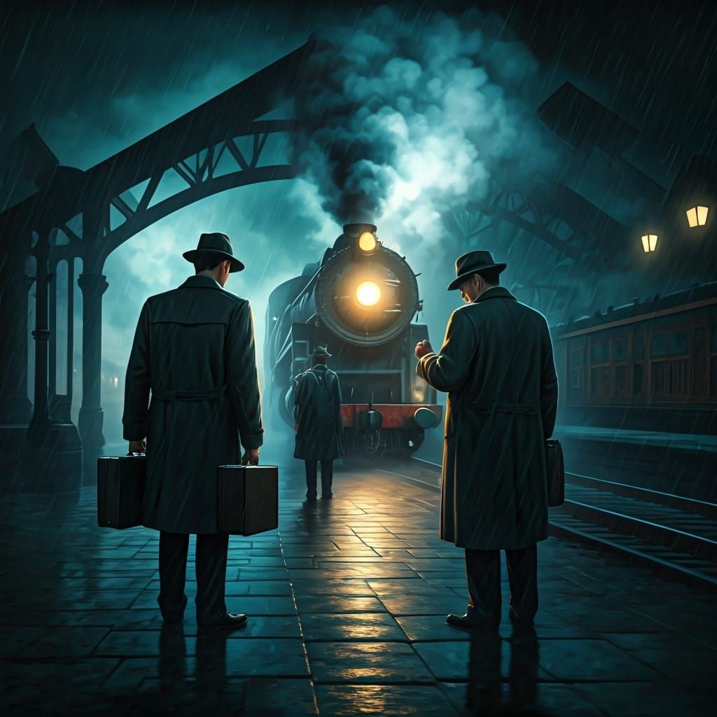 Noir Steam Train Arrival on Secret Platform