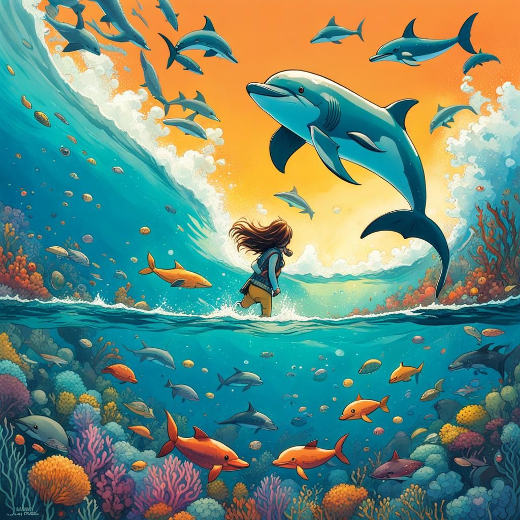 Surreal Underwater Girl with Flying Dolphins