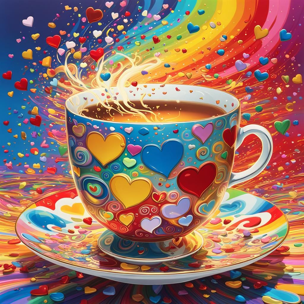 A tea cup overflowing with peace love and joy in bright bold...