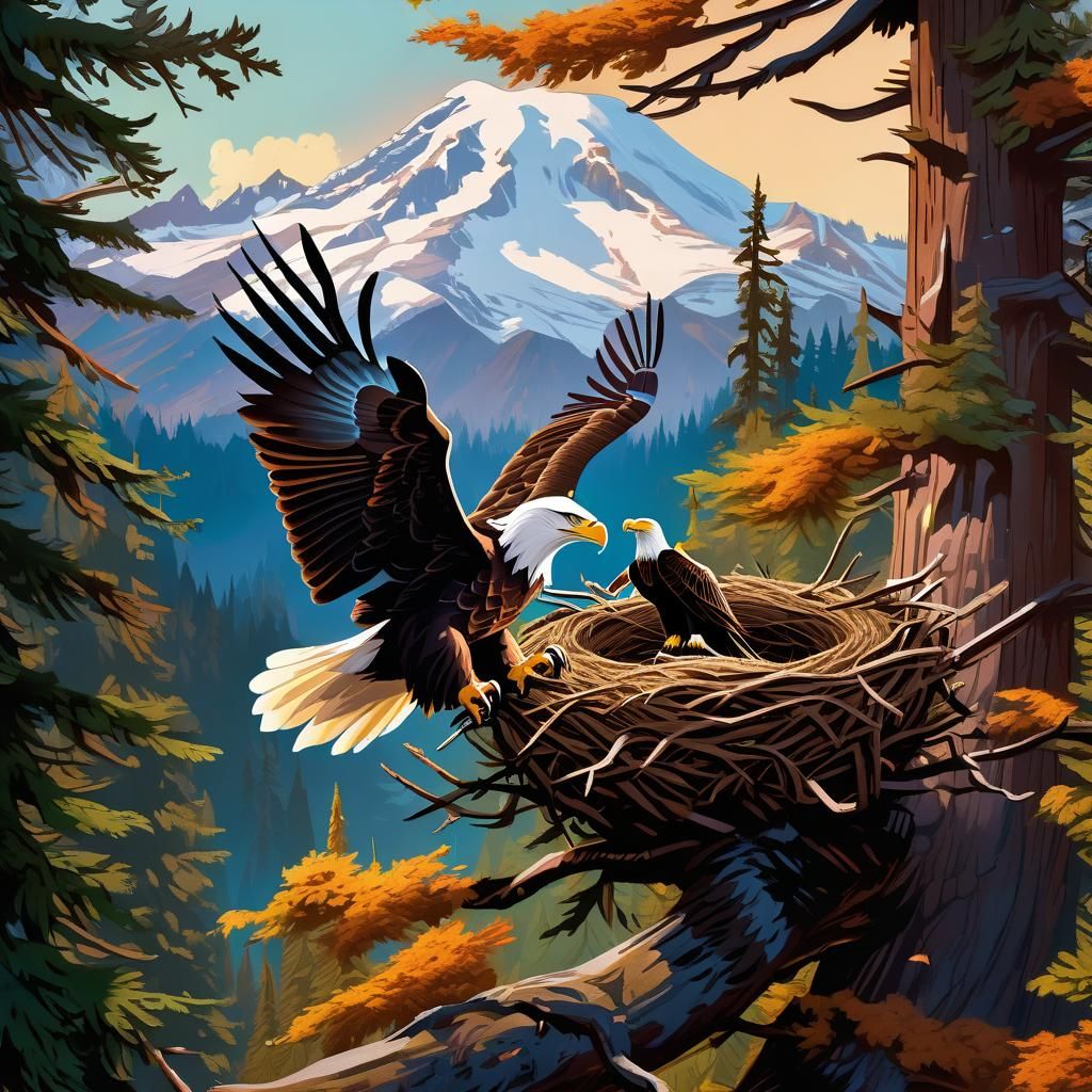 A beautiful insanely detailed scene with a giant Bald eagle nest high in a tree in Washington State with ...  by @Maui kinepela