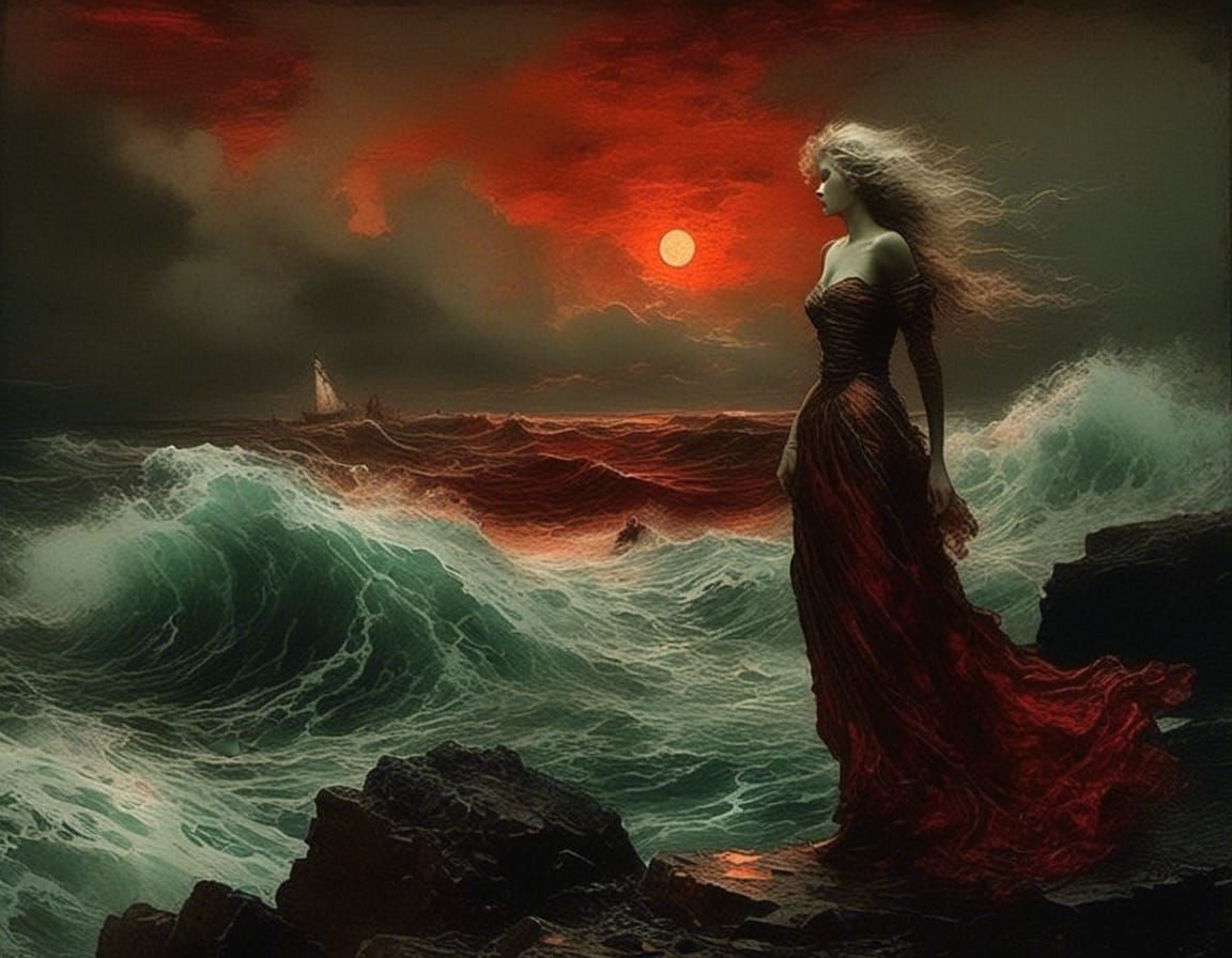 "Windswept Seas Drenched in Tarnished Copper on Black on Blood", Gorgeous <lora:Broken:0.7> , Intricately Designed, Dramatic Lighting, Elabo...