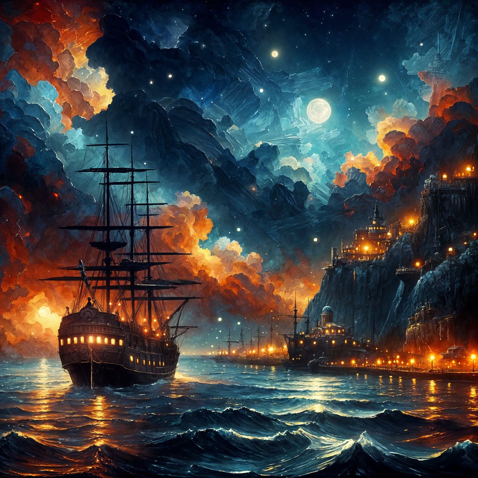 Dark colored oranges, reds, and blues impasto painting of a ship coming into a harbor at night with ...  by @Dantonio