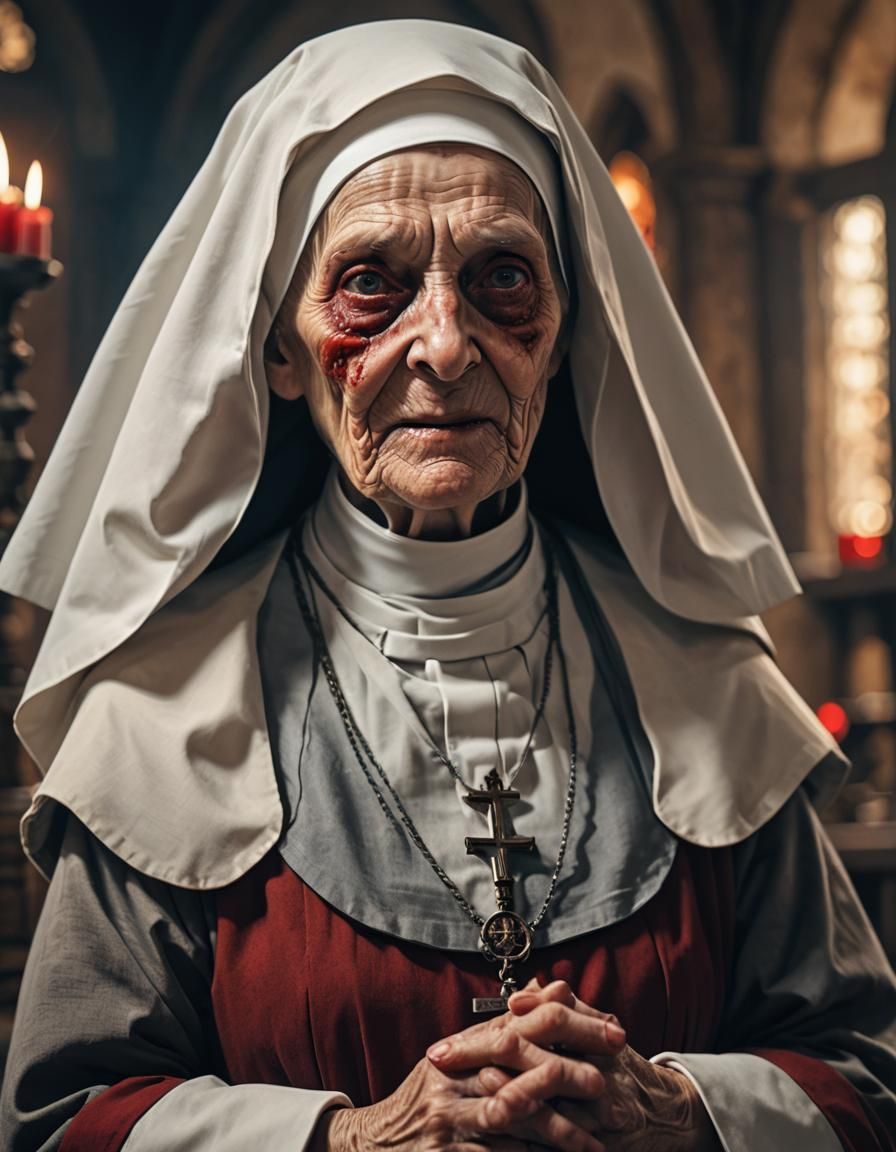 an old nun with an evil smile in her monastery prays, big re...