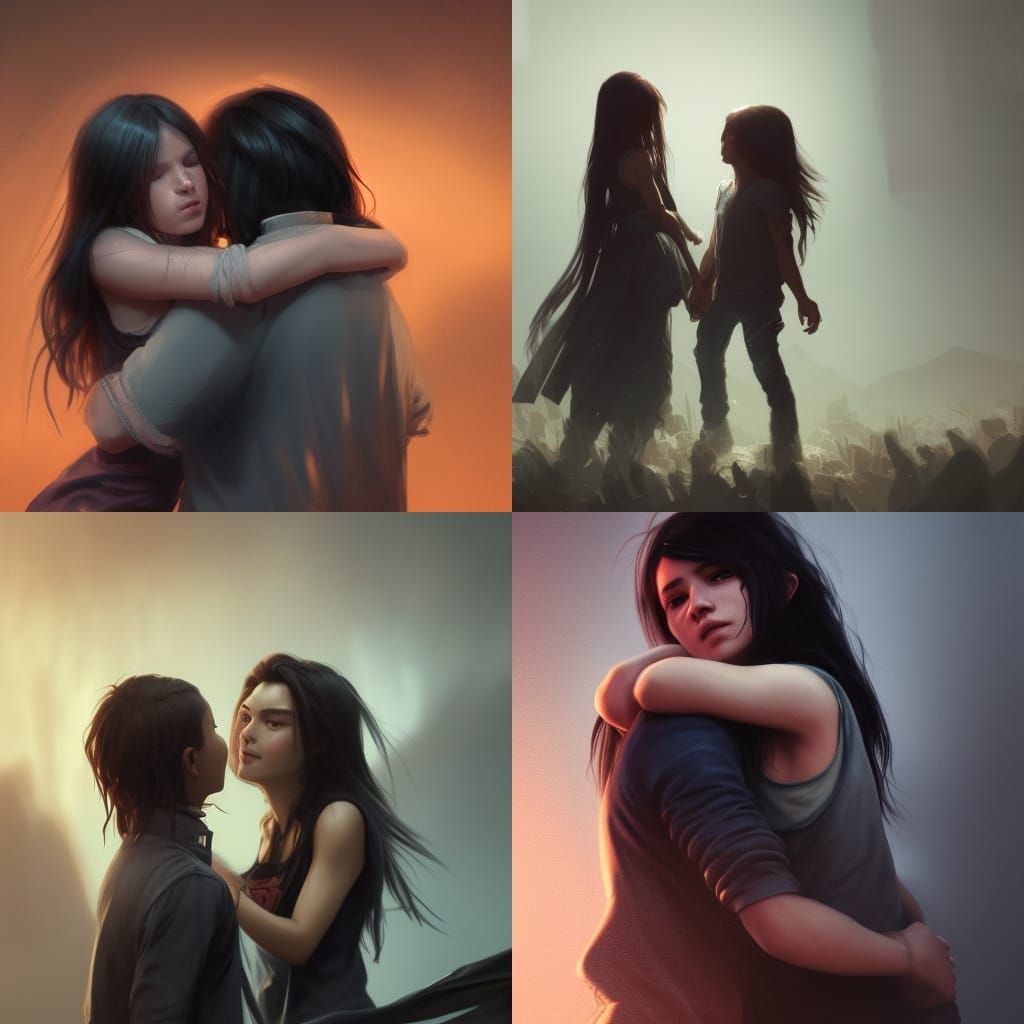 Girl with long dark hair hugs a young man with short hair, s...
