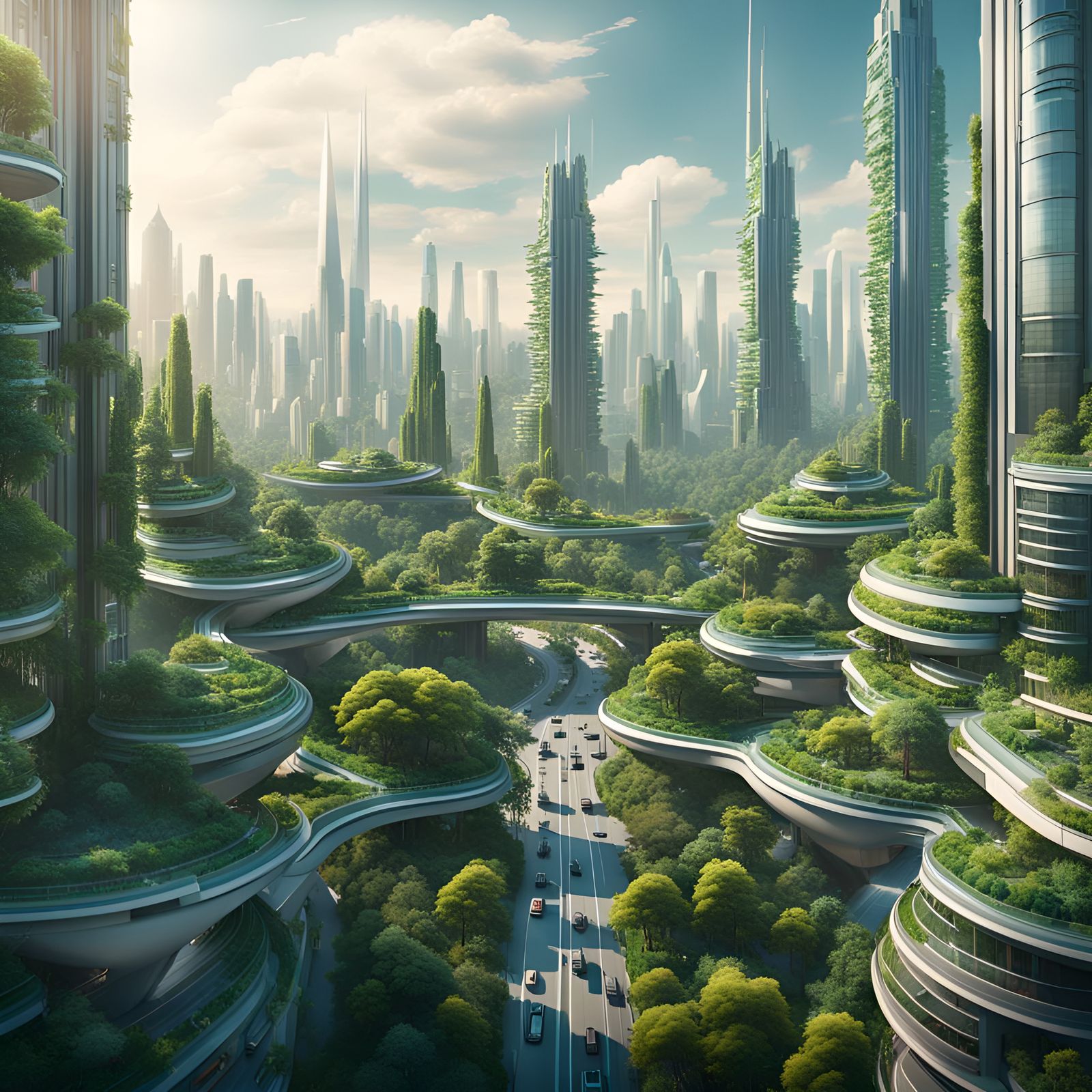 View of a sprawling futuristic metropolis full of trees and plants ...