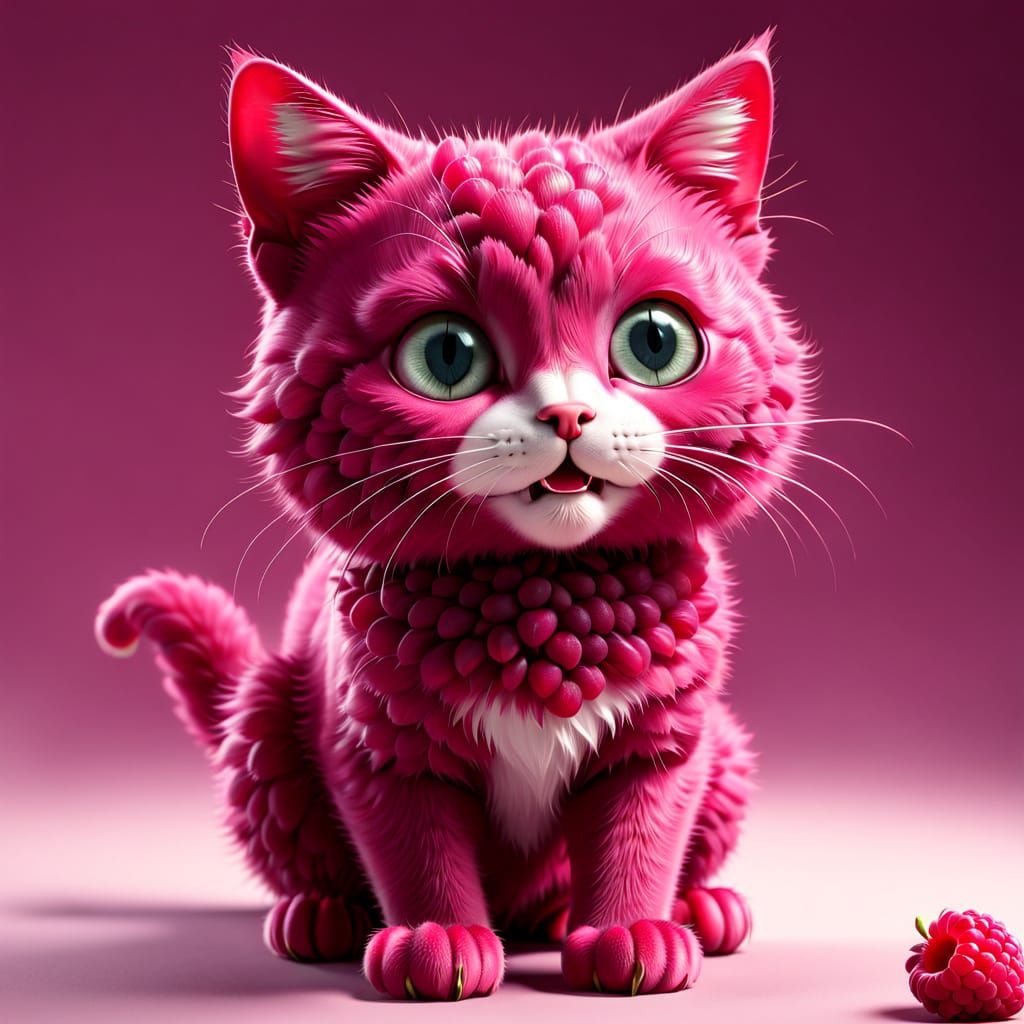 3D raspberry cat cartoon, relaxed (raspberry hybrid cat:2) with eyes and mouth and legs and arms, a cat ...  by @morr5750