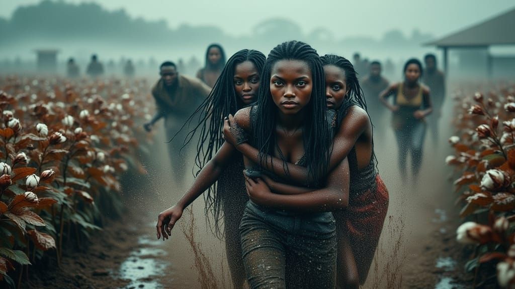 <lora:SuperHyperrealismFlx:1.0> <lora:Dark Portraits:1.0> A dramatic scene of enslaved men, women, and children fleeing   for their lives
fr...