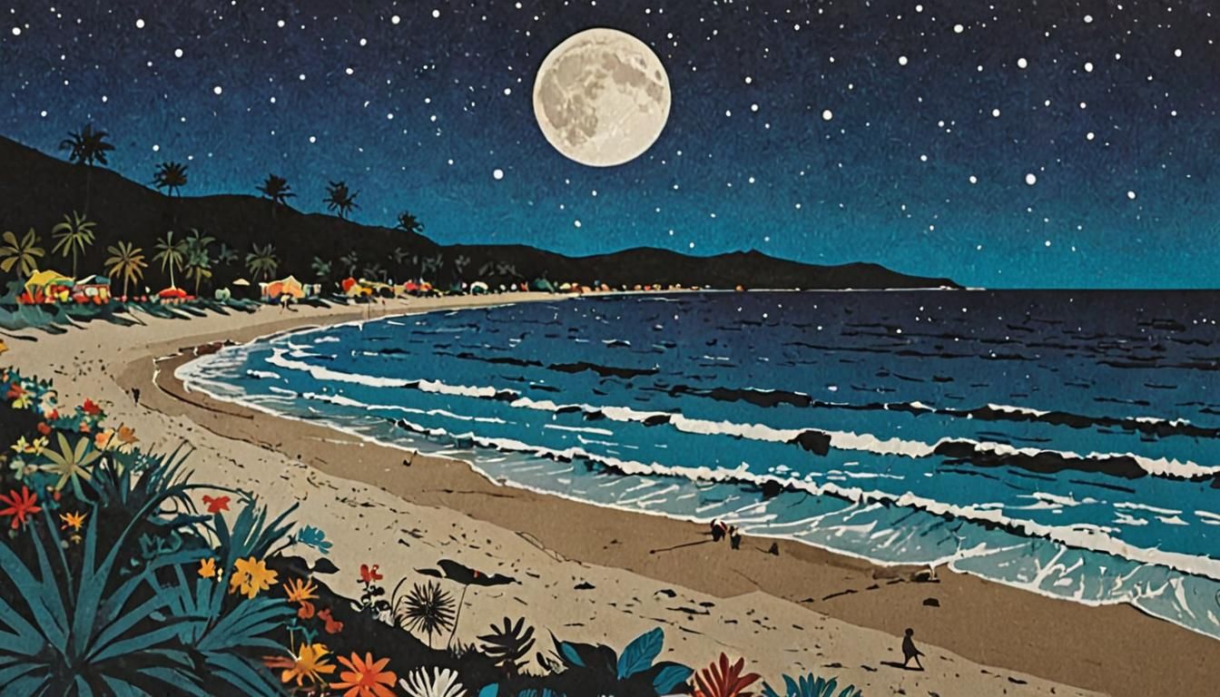 Paper collage. Of a beach at night.