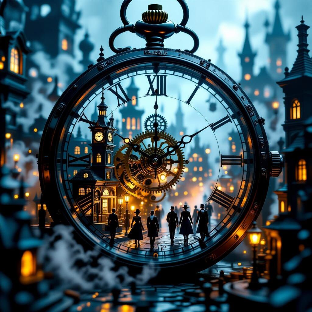 Miniature City in Pocket Watch with Clockwork Automatons