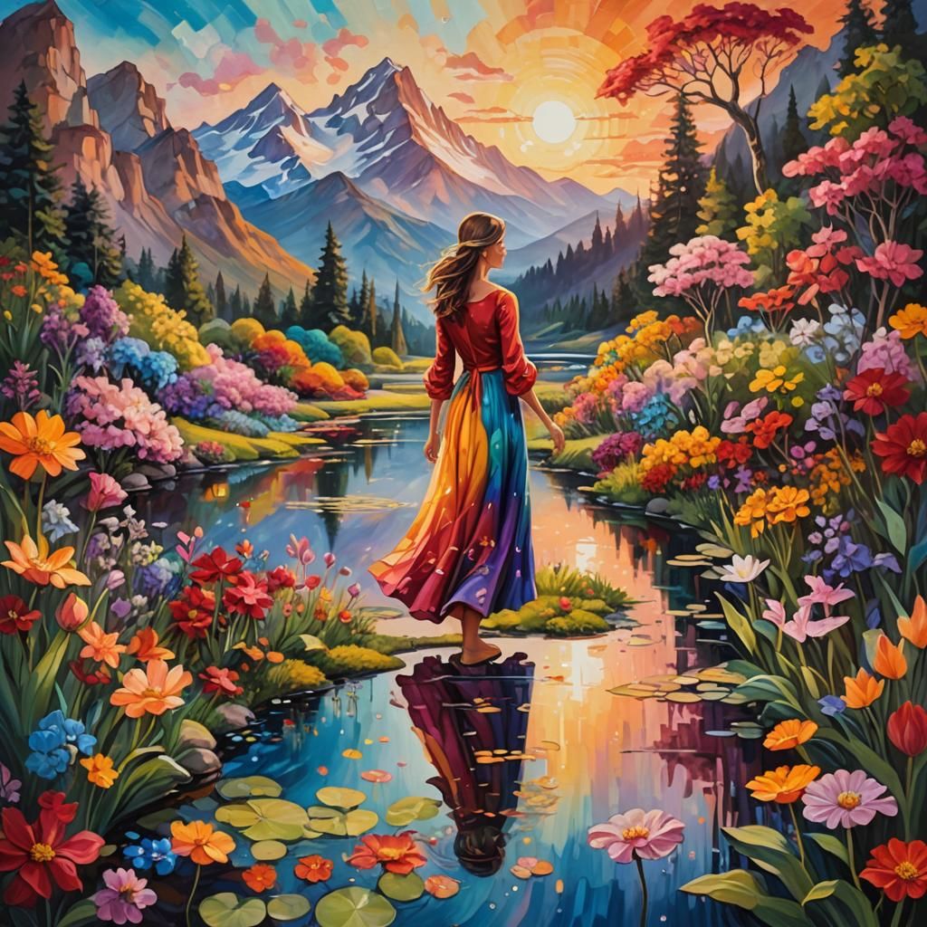 Fantastical Garden Oil Painting with Magic and Flowers