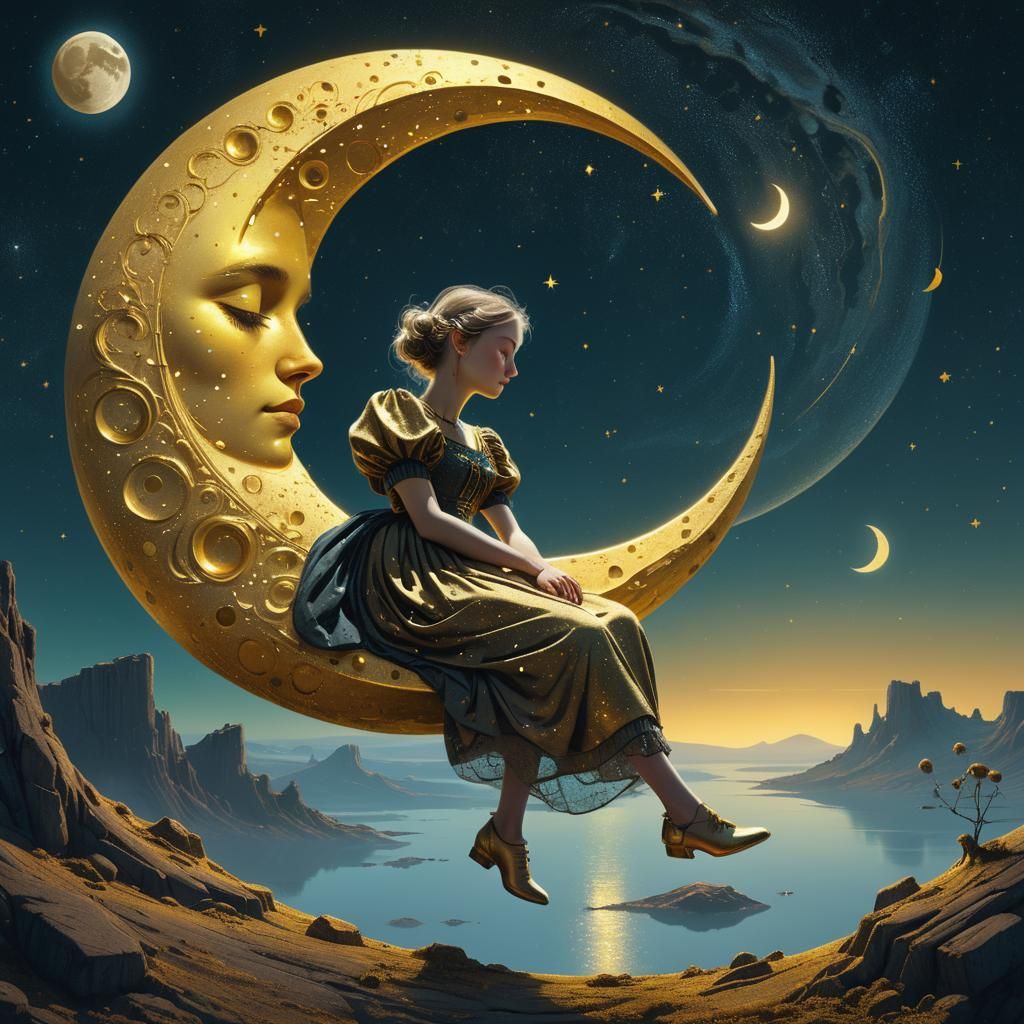 Victorian Lady Basks in Golden Moonlight Amidst Stardust