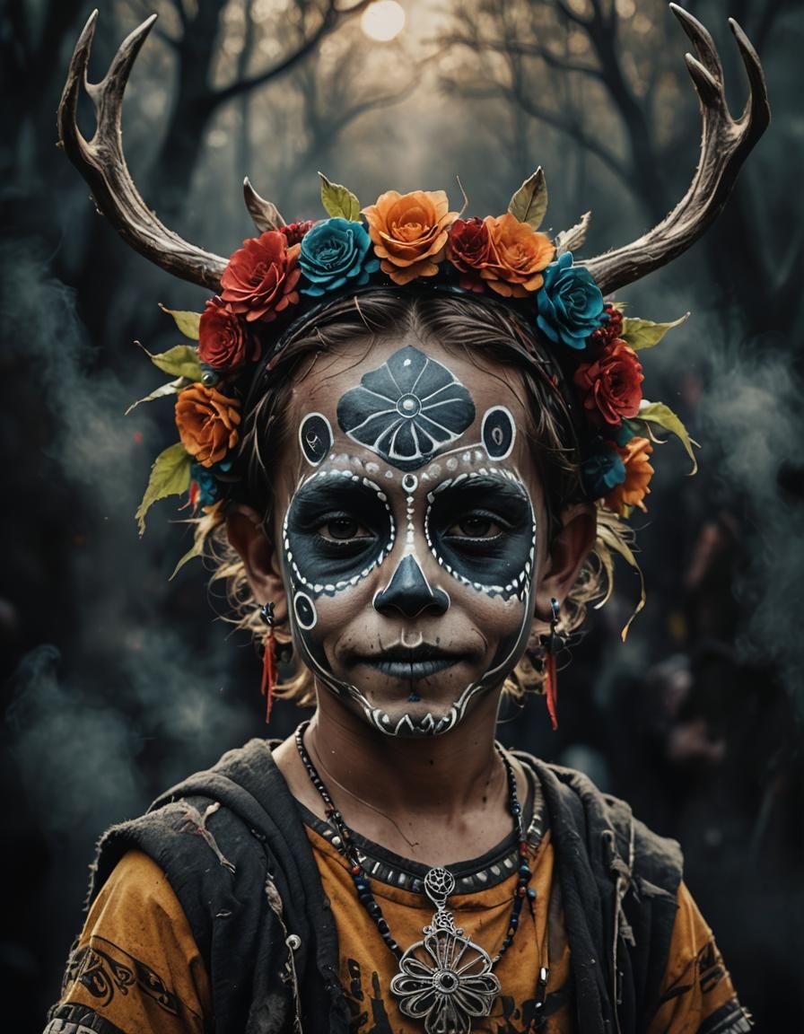 Full body indigenous happy Fairy little boy with antlers and...