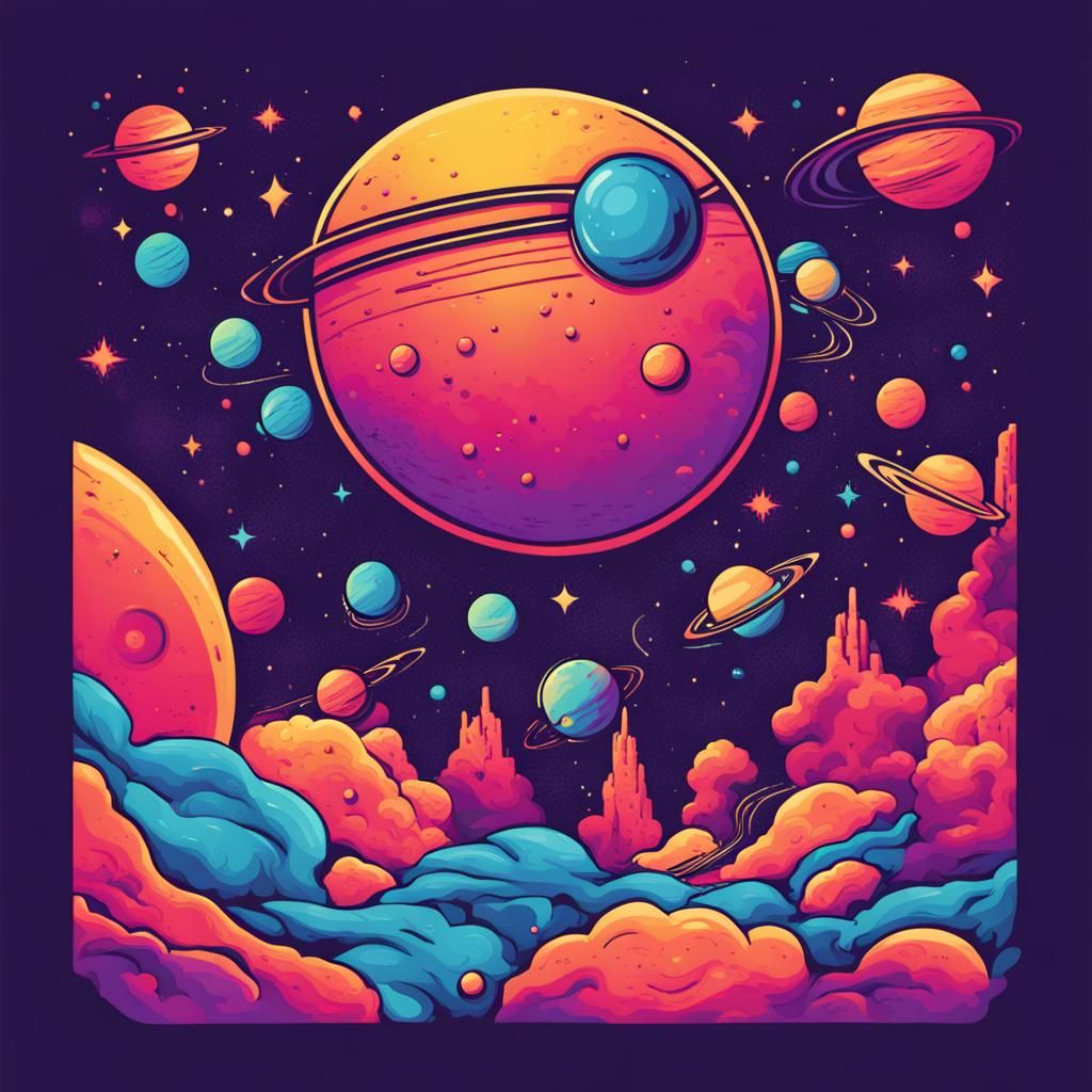 a t shirt design of outerspace with bright and vibrant colors design ...