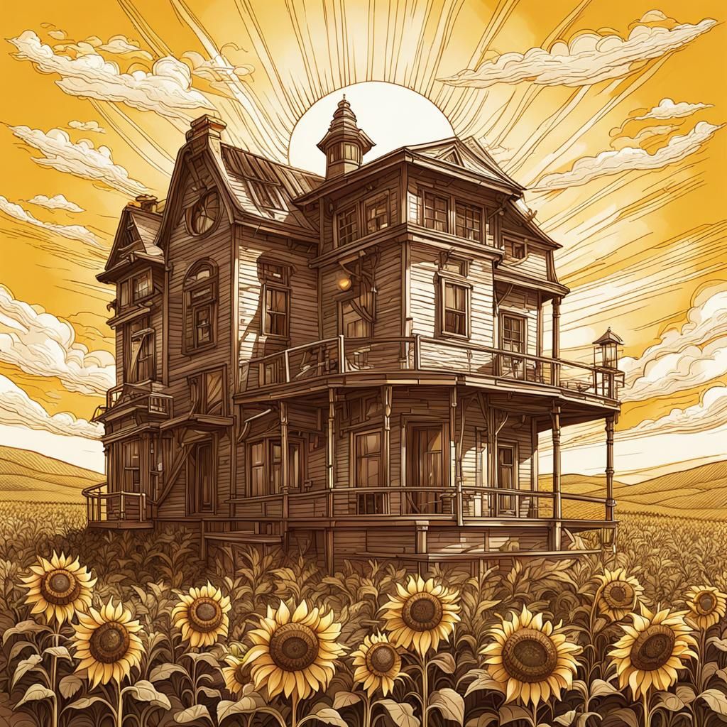 bright beautiful sun shining down on a house on a hill in a ...