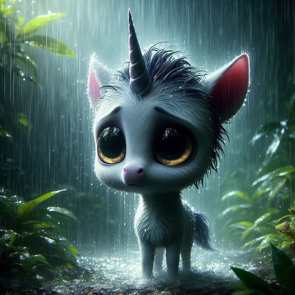 adorable little sad unicorn in the rain forest