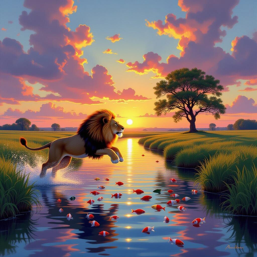 Lion Leaps Over River at Sunset in Romantic Style