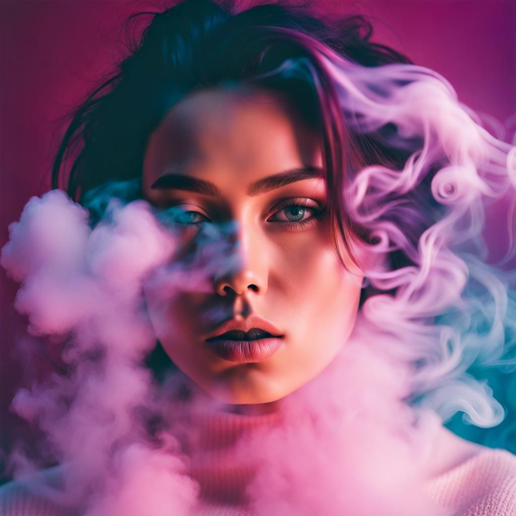 ethereal vaporwave smoke enveloping around the face of a beautiful ...