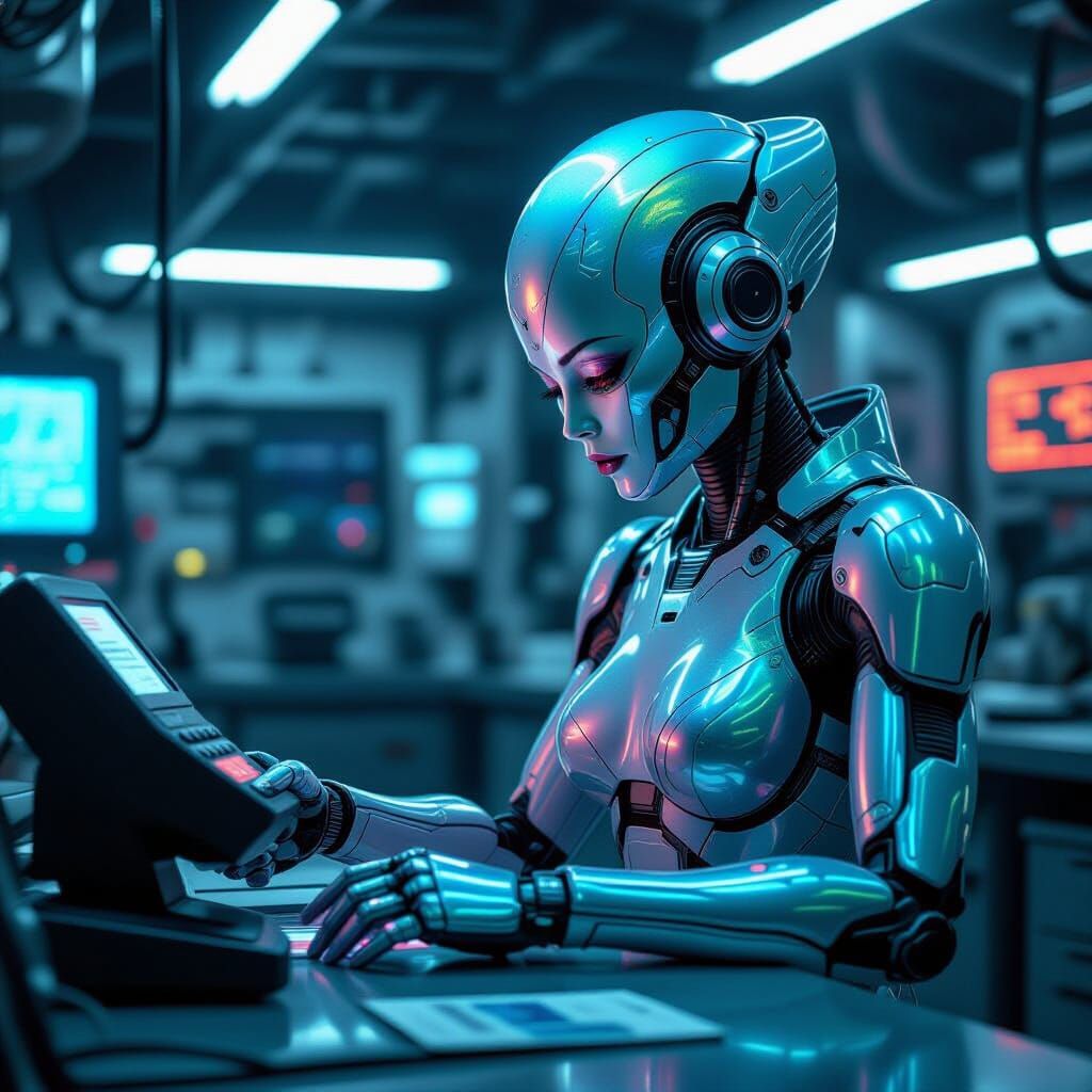 Cyberpunk Lab: Iridescent Humanoid and Futuristic Exosuit